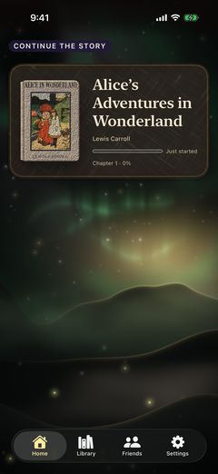 Majin home screen in dark mode: Continue the story, with the book you are reading and your progress